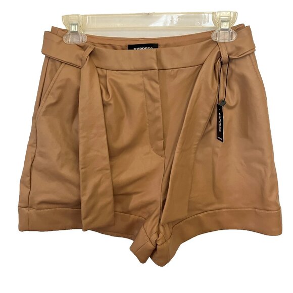 Express Womens Extreme High Rise Faux Leather Shorts Tie Waist Tan Size 6 NWT - Picture 1 of 9